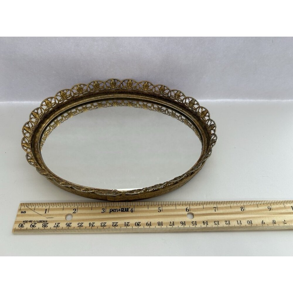 Vintage Oval Filigree Dresser Vanity Mirror Hollywood Regency 7 1/4 inX5 1/2 in - Picture 8 of 8